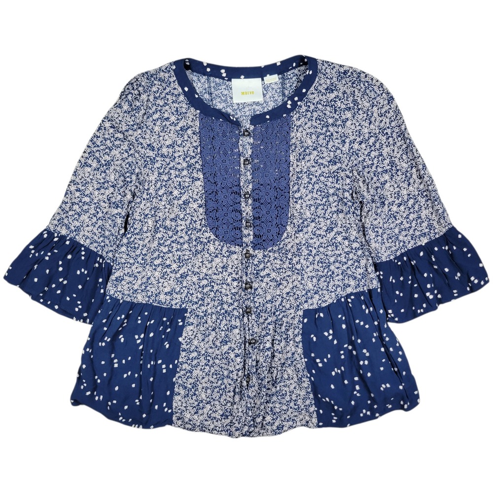 Maeve Blouse Women 2 Blue Floral Lace Trim Peplum Bell Sleeve Boho Anthropologie